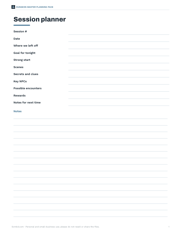 Preview of Printable Dungeon Session Planner
